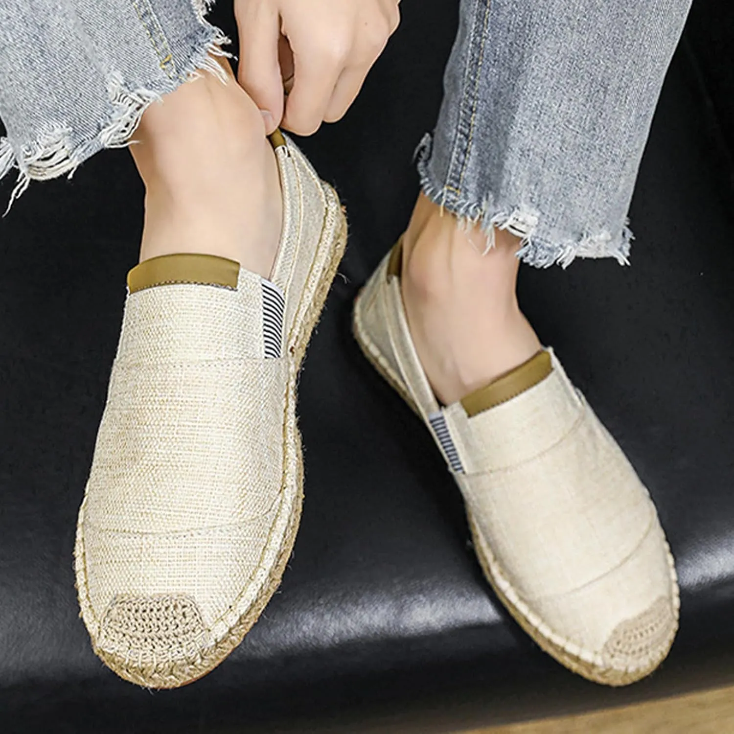 MILDSEVEN Fashion Men's Traditional Chinese Linen Shoes, Classics Slip On Casual Footwear, Retro Handmade Soft Breathable Loafers,6.5,Beige