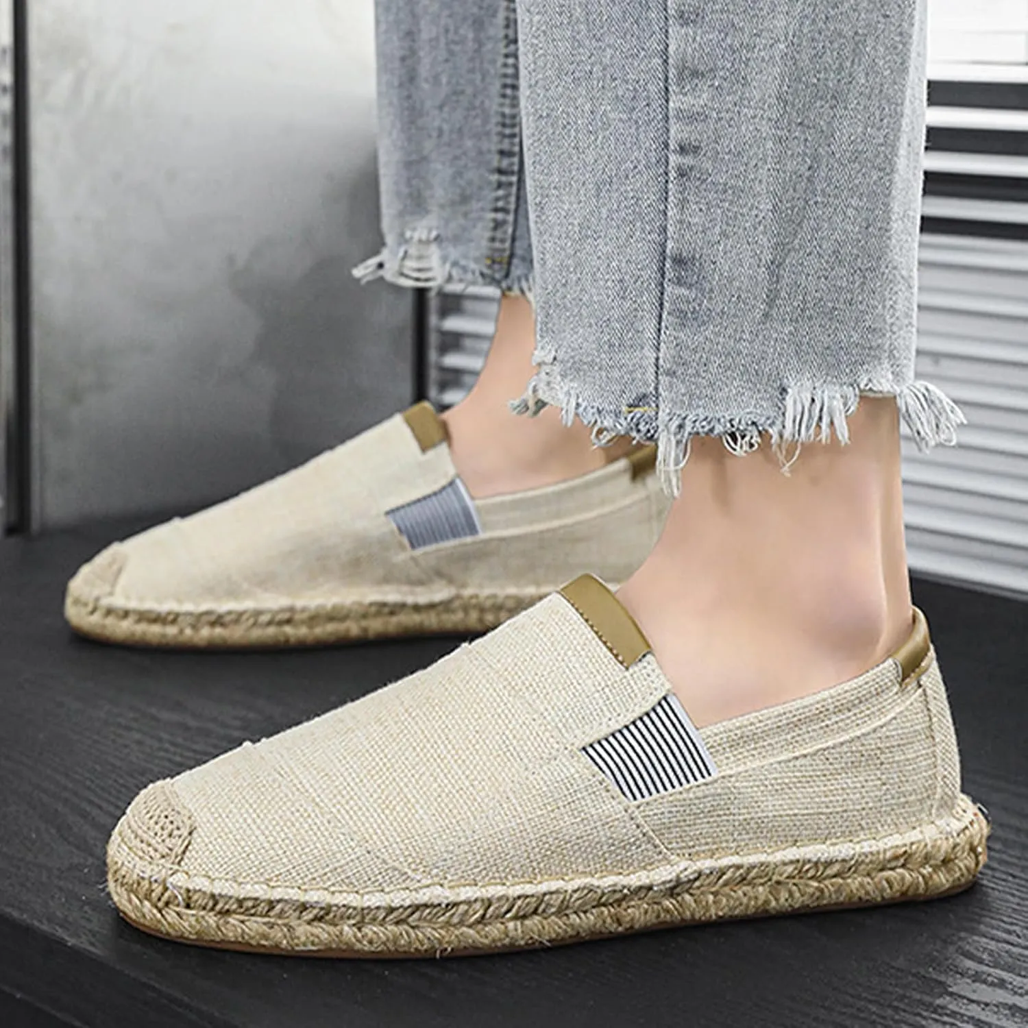 MILDSEVEN Fashion Men's Traditional Chinese Linen Shoes, Classics Slip On Casual Footwear, Retro Handmade Soft Breathable Loafers,6.5,Beige