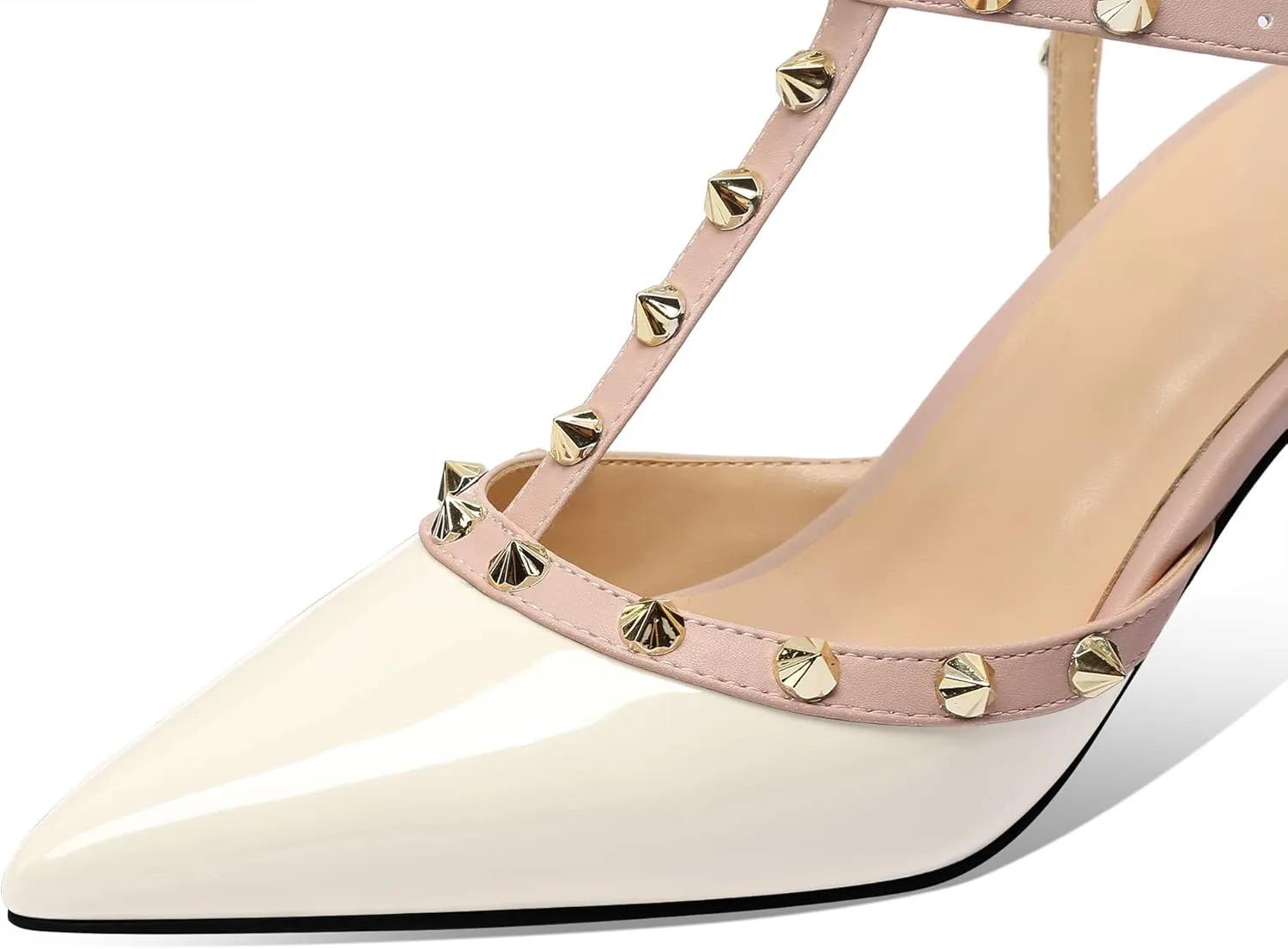 MIRAAZZURRA Women Heeled Sandals Rivet Studded T-Strap Wedding Shoes Stiletto High Heels Pointed Toe Slip On Bridal Pumps for Women
