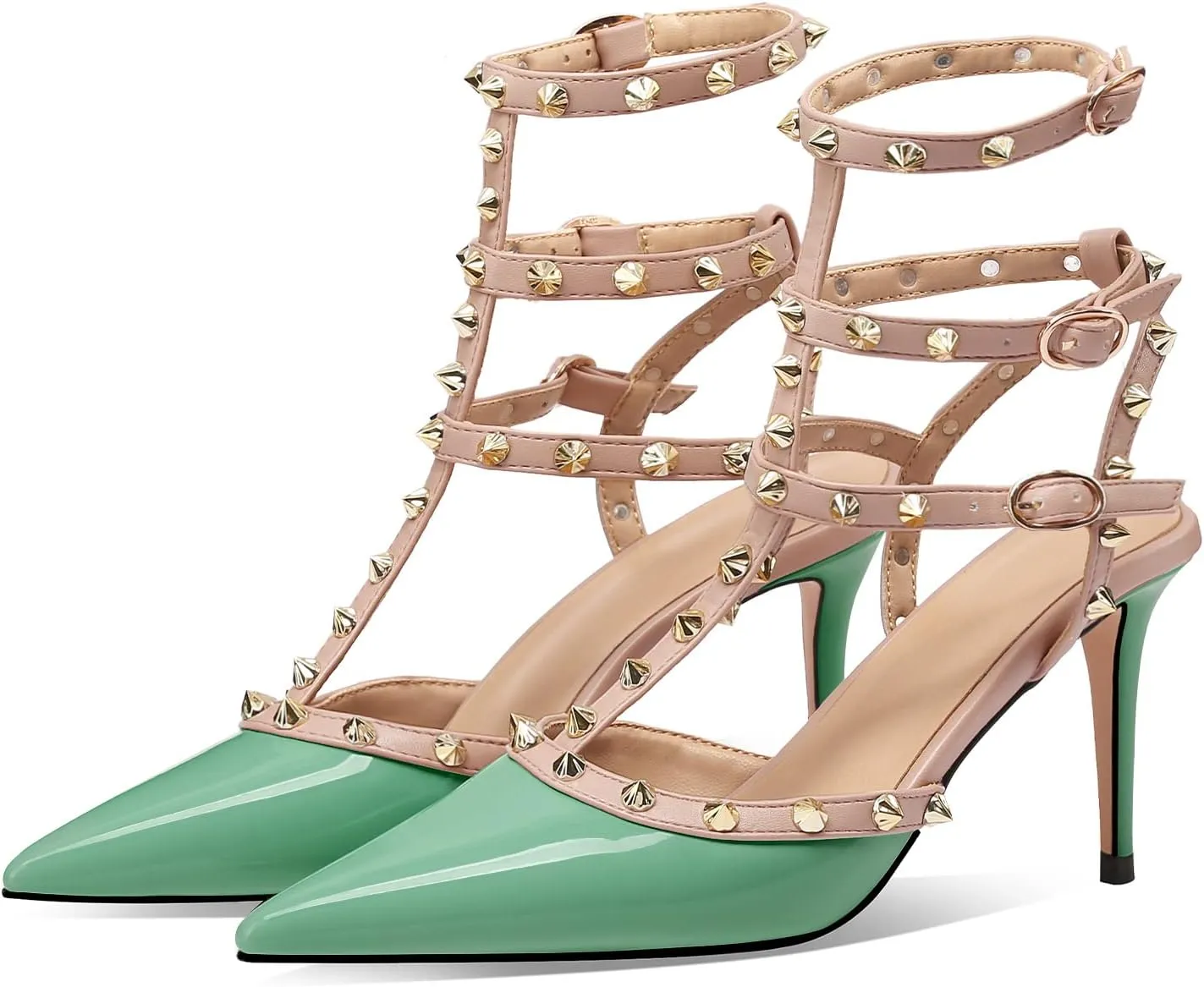 MIRAAZZURRA Women Heeled Sandals Rivet Studded T-Strap Wedding Shoes Stiletto High Heels Pointed Toe Slip On Bridal Pumps for Women