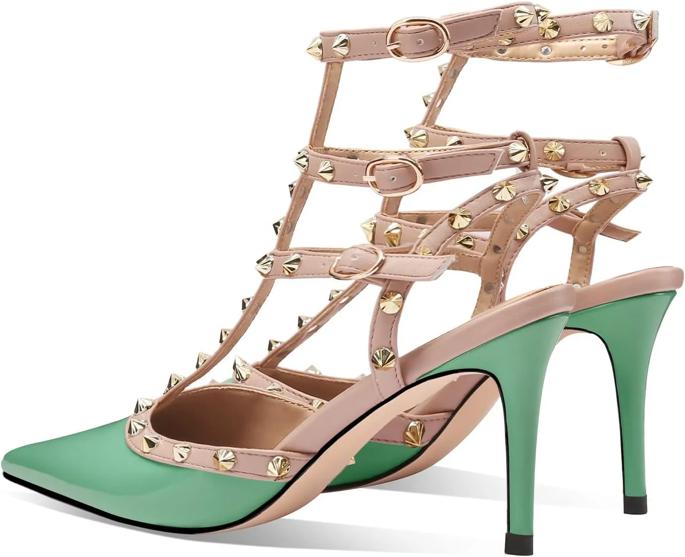 MIRAAZZURRA Women Heeled Sandals Rivet Studded T-Strap Wedding Shoes Stiletto High Heels Pointed Toe Slip On Bridal Pumps for Women