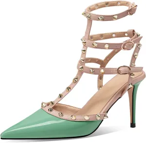 MIRAAZZURRA Women Heeled Sandals Rivet Studded T-Strap Wedding Shoes Stiletto High Heels Pointed Toe Slip On Bridal Pumps for Women