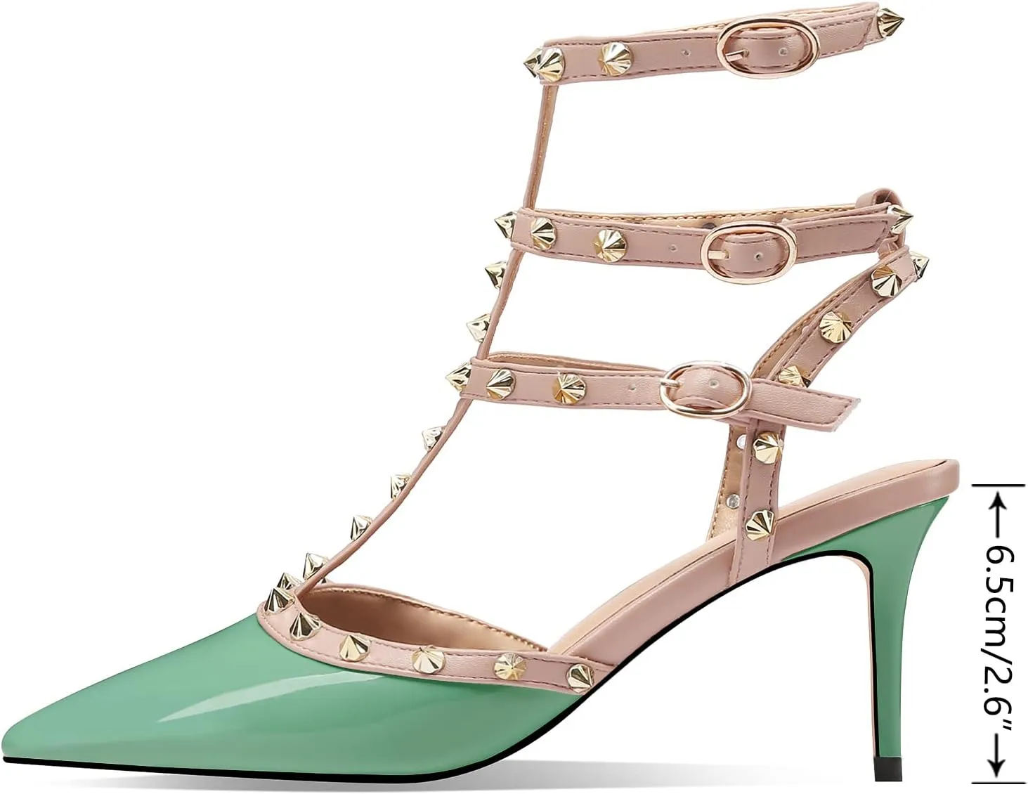 MIRAAZZURRA Women Heeled Sandals Rivet Studded T-Strap Wedding Shoes Stiletto High Heels Pointed Toe Slip On Bridal Pumps for Women
