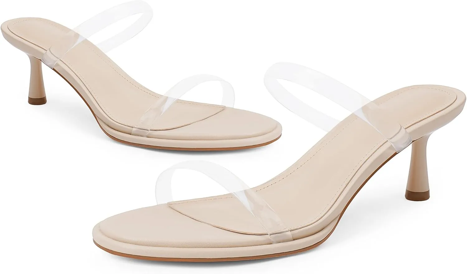 Modatope Two Strap Heeled Sandals for Women Kitten Heel Rounded Toe Heels Women Slip on Open Toe Sandals
