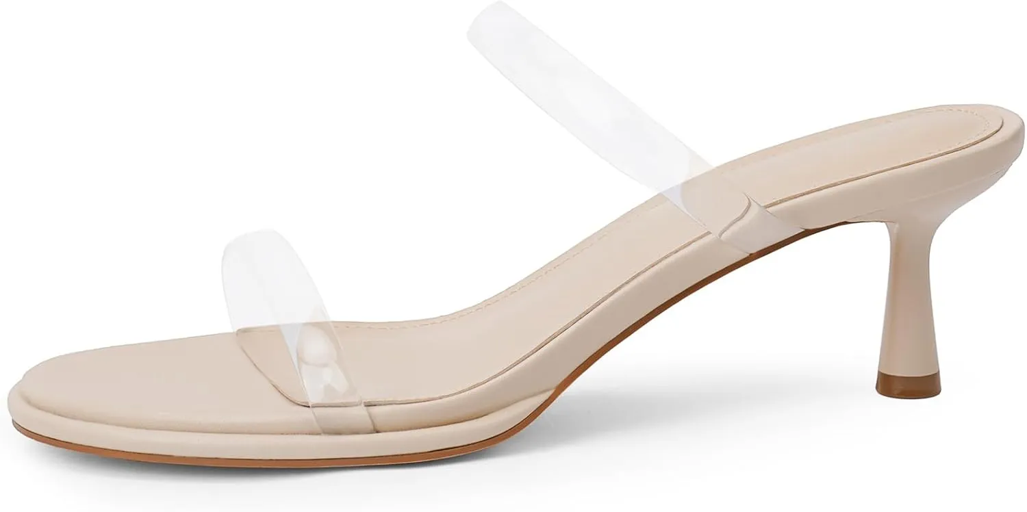 Modatope Two Strap Heeled Sandals for Women Kitten Heel Rounded Toe Heels Women Slip on Open Toe Sandals