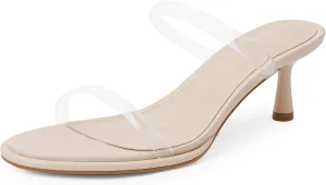 Modatope Two Strap Heeled Sandals for Women Kitten Heel Rounded Toe Heels Women Slip on Open Toe Sandals