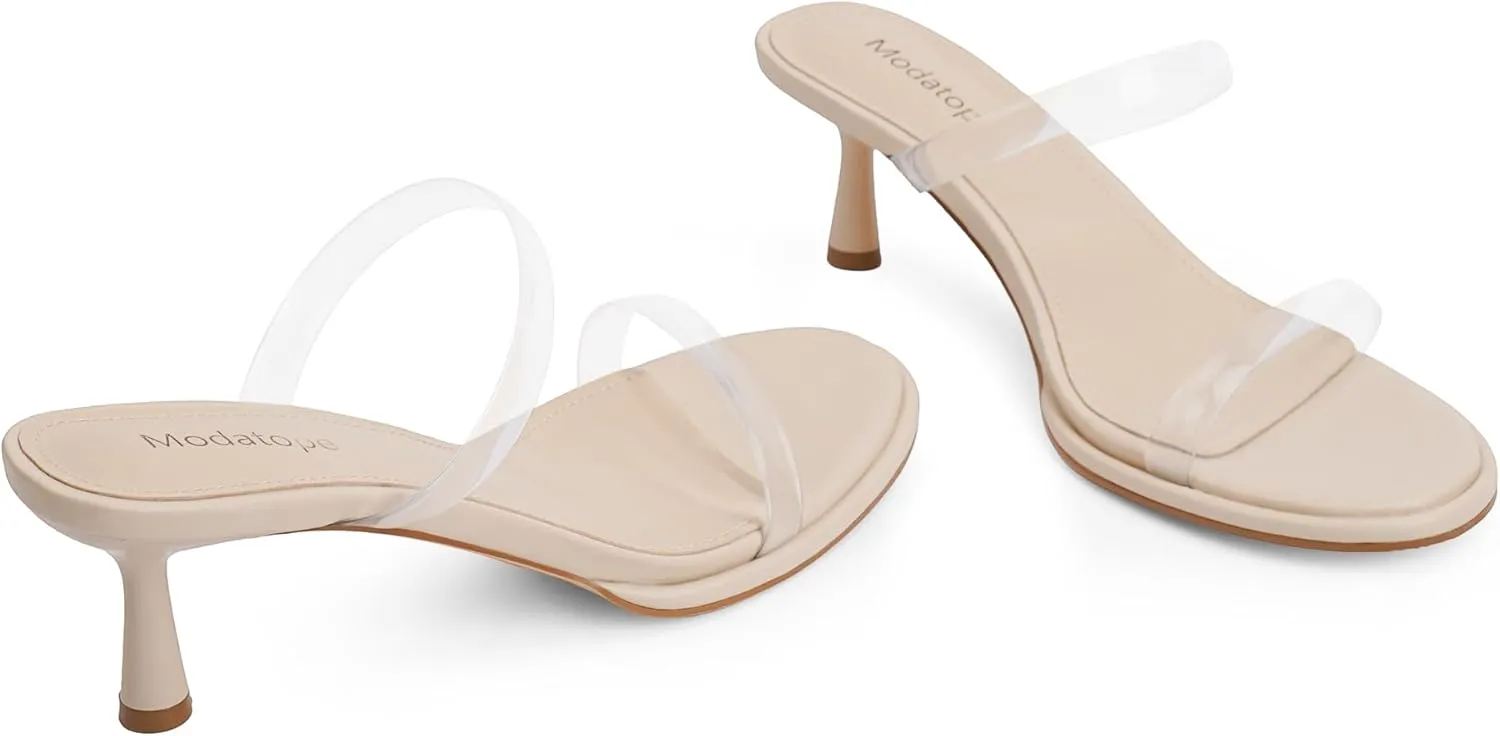 Modatope Two Strap Heeled Sandals for Women Kitten Heel Rounded Toe Heels Women Slip on Open Toe Sandals