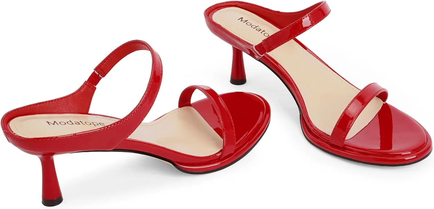 Modatope Two Strap Heeled Sandals for Women Kitten Heel Rounded Toe Heels Women Slip on Open Toe Sandals