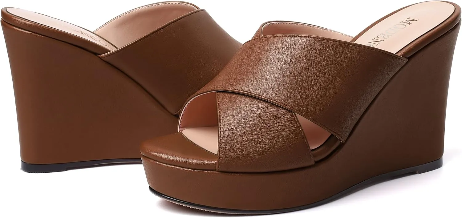 MODENCOCO Womens Open Toe Fashion Matte Slip On Platform Casual Wedge High Heel Heeled Dressy Sandals 4 Inch