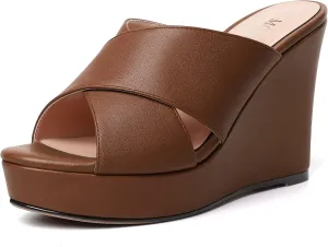 MODENCOCO Womens Open Toe Fashion Matte Slip On Platform Casual Wedge High Heel Heeled Dressy Sandals 4 Inch