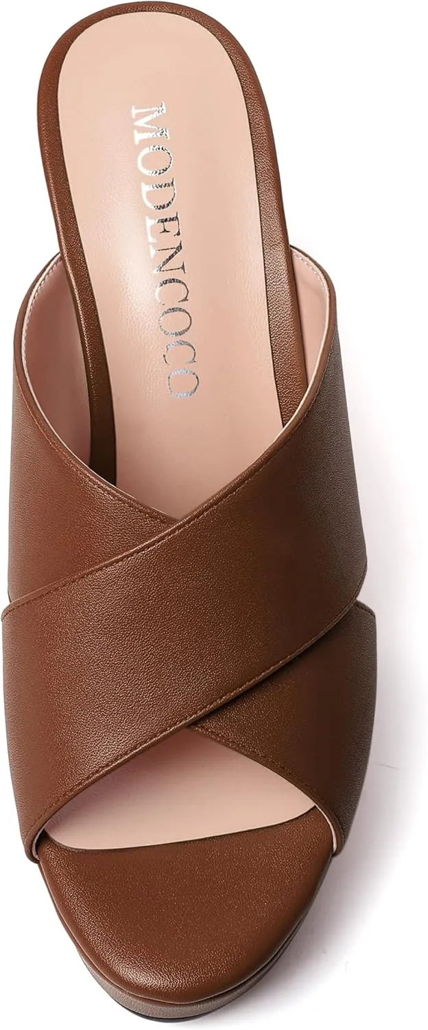 MODENCOCO Womens Open Toe Fashion Matte Slip On Platform Casual Wedge High Heel Heeled Dressy Sandals 4 Inch