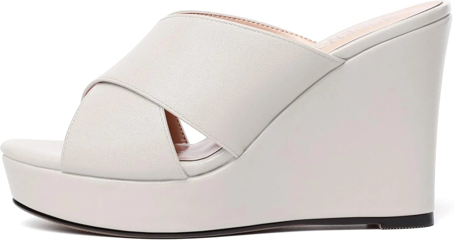 MODENCOCO Womens Open Toe Fashion Matte Slip On Platform Casual Wedge High Heel Heeled Dressy Sandals 4 Inch