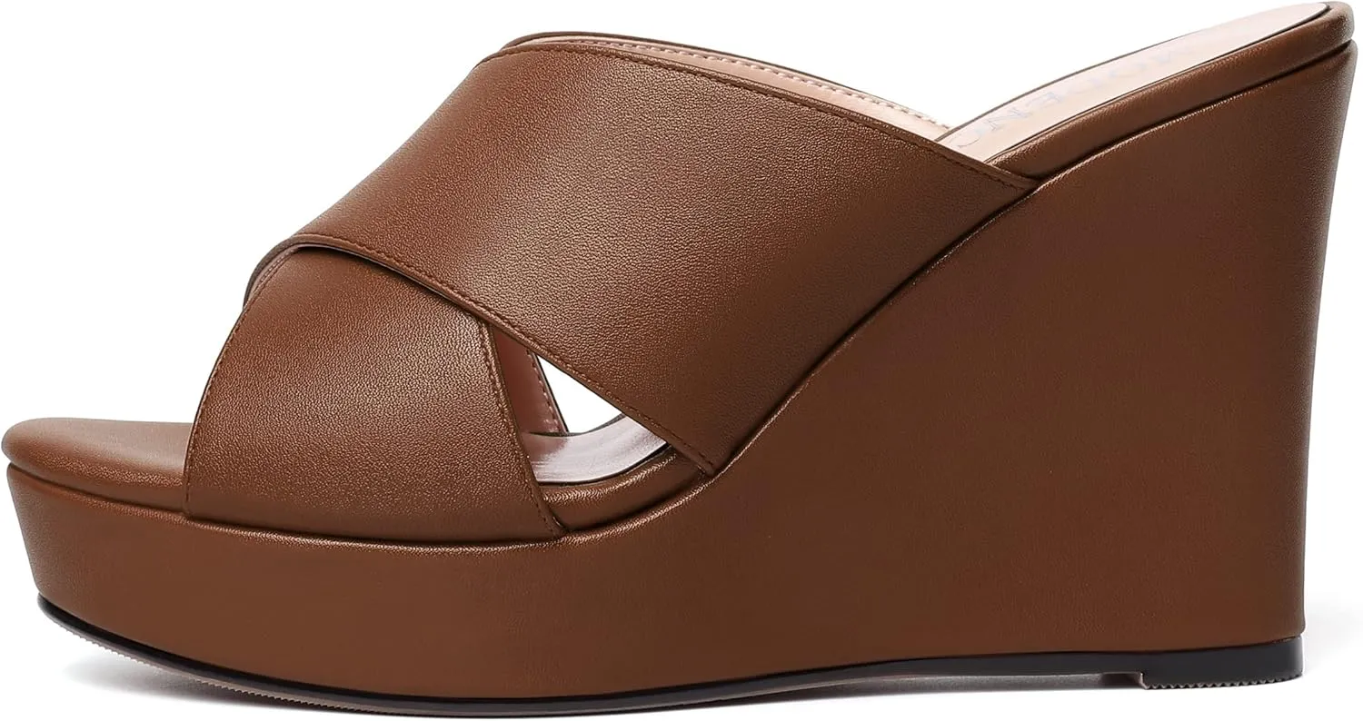 MODENCOCO Womens Open Toe Fashion Matte Slip On Platform Casual Wedge High Heel Heeled Dressy Sandals 4 Inch