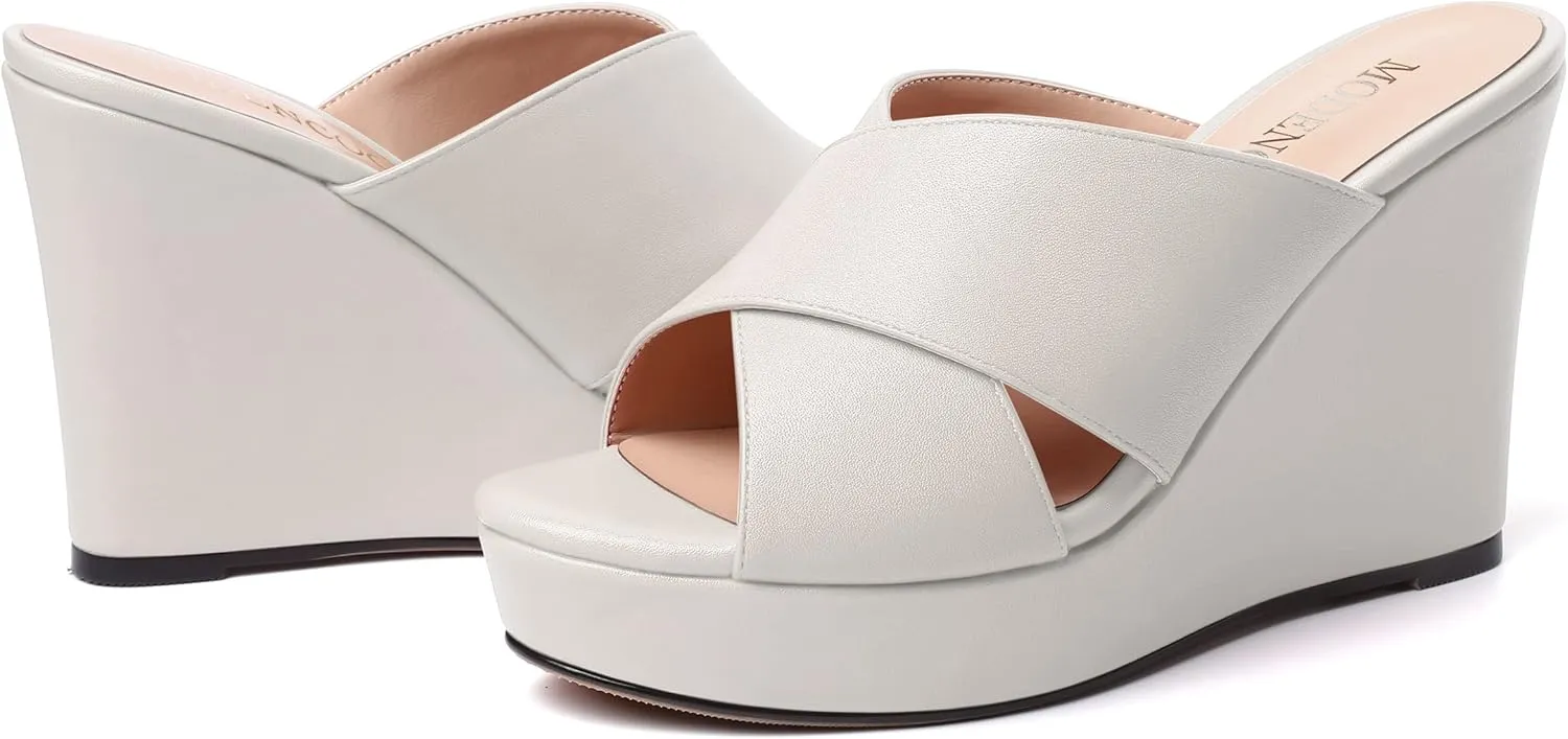MODENCOCO Womens Open Toe Fashion Matte Slip On Platform Casual Wedge High Heel Heeled Dressy Sandals 4 Inch