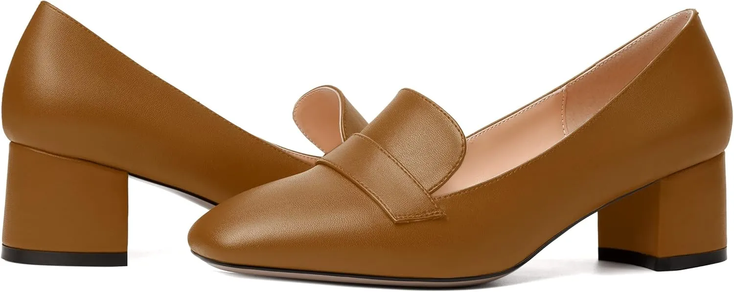 MODENCOCO Womens Square Toe Slip On Comfortable Casual Matte Work Chunky Low Heel Loafers Shoes 2 Inch