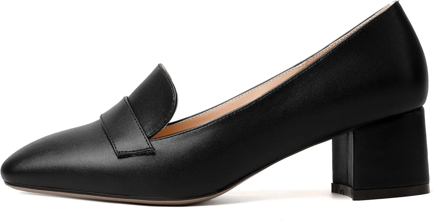 MODENCOCO Womens Square Toe Slip On Comfortable Casual Matte Work Chunky Low Heel Loafers Shoes 2 Inch