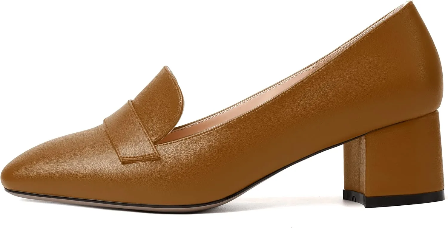 MODENCOCO Womens Square Toe Slip On Comfortable Casual Matte Work Chunky Low Heel Loafers Shoes 2 Inch