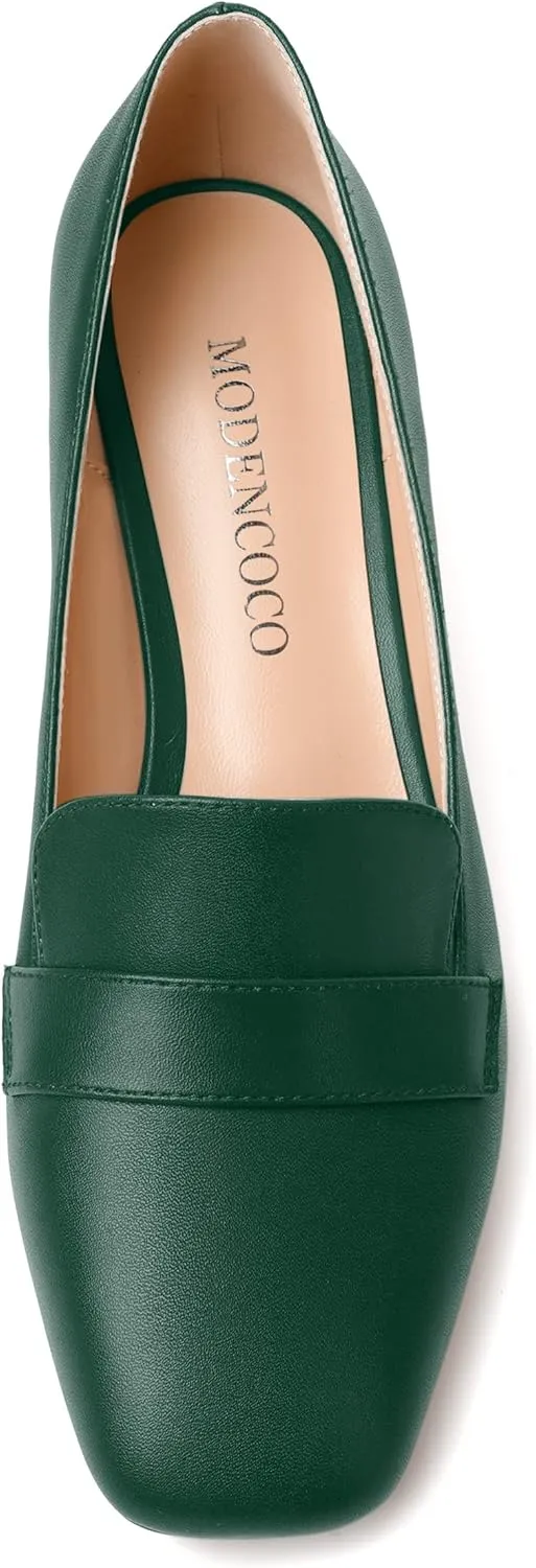 MODENCOCO Womens Square Toe Slip On Comfortable Casual Matte Work Chunky Low Heel Loafers Shoes 2 Inch