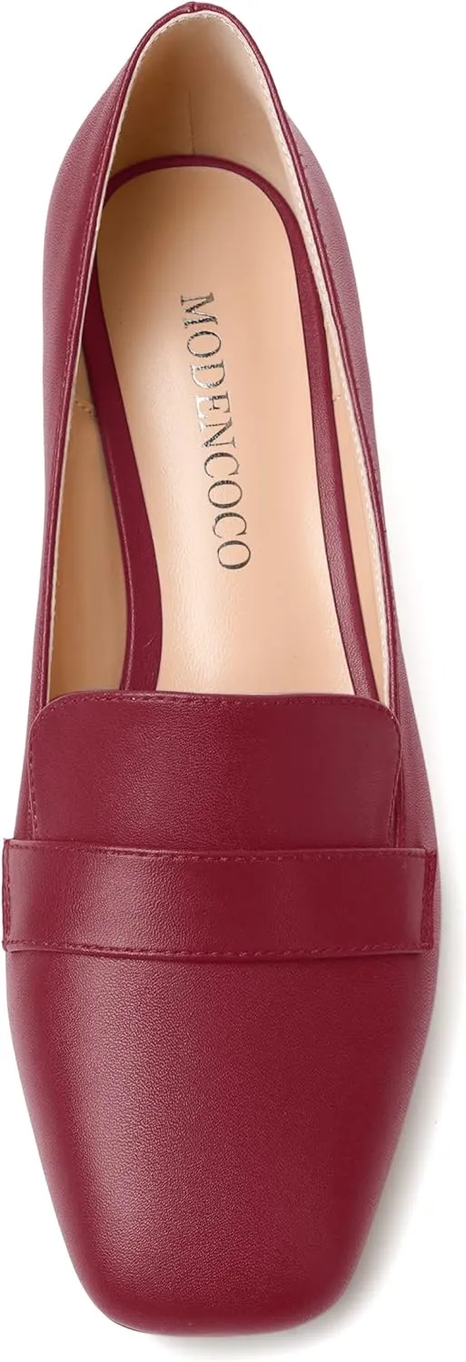MODENCOCO Womens Square Toe Slip On Comfortable Casual Matte Work Chunky Low Heel Loafers Shoes 2 Inch