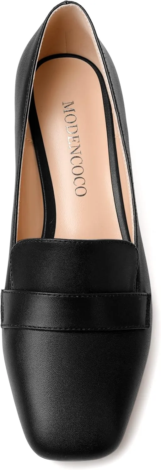 MODENCOCO Womens Square Toe Slip On Comfortable Casual Matte Work Chunky Low Heel Loafers Shoes 2 Inch