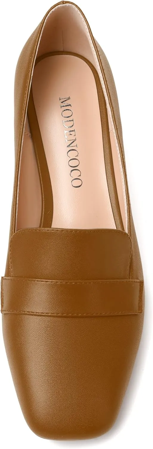 MODENCOCO Womens Square Toe Slip On Comfortable Casual Matte Work Chunky Low Heel Loafers Shoes 2 Inch