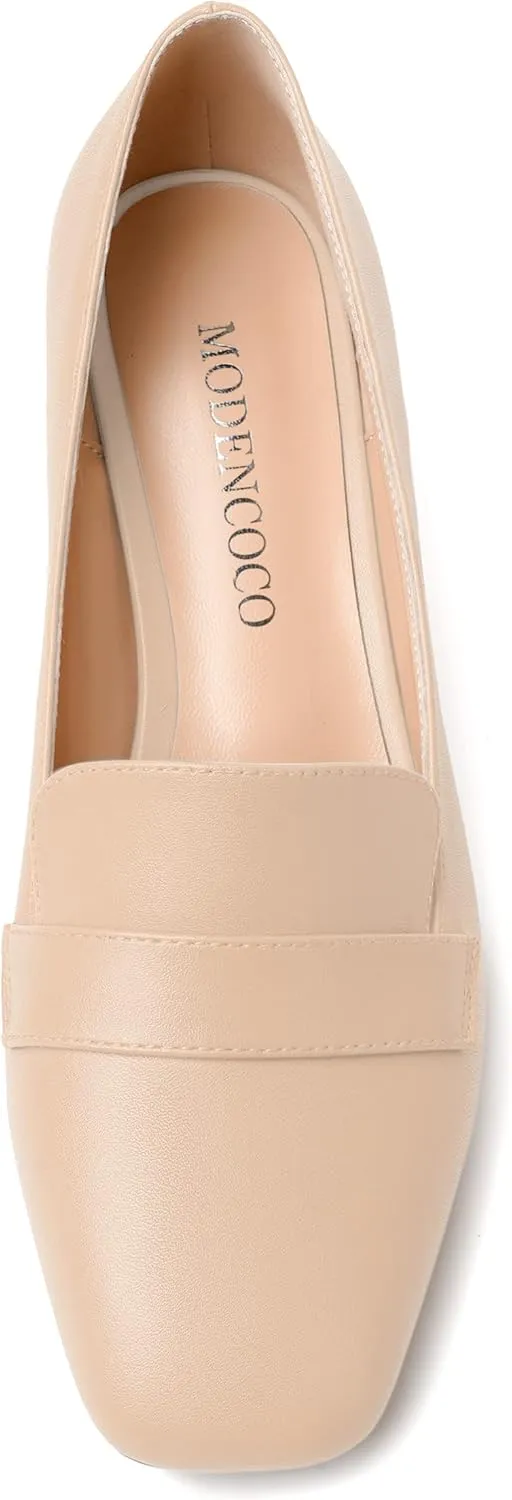 MODENCOCO Womens Square Toe Slip On Comfortable Casual Matte Work Chunky Low Heel Loafers Shoes 2 Inch