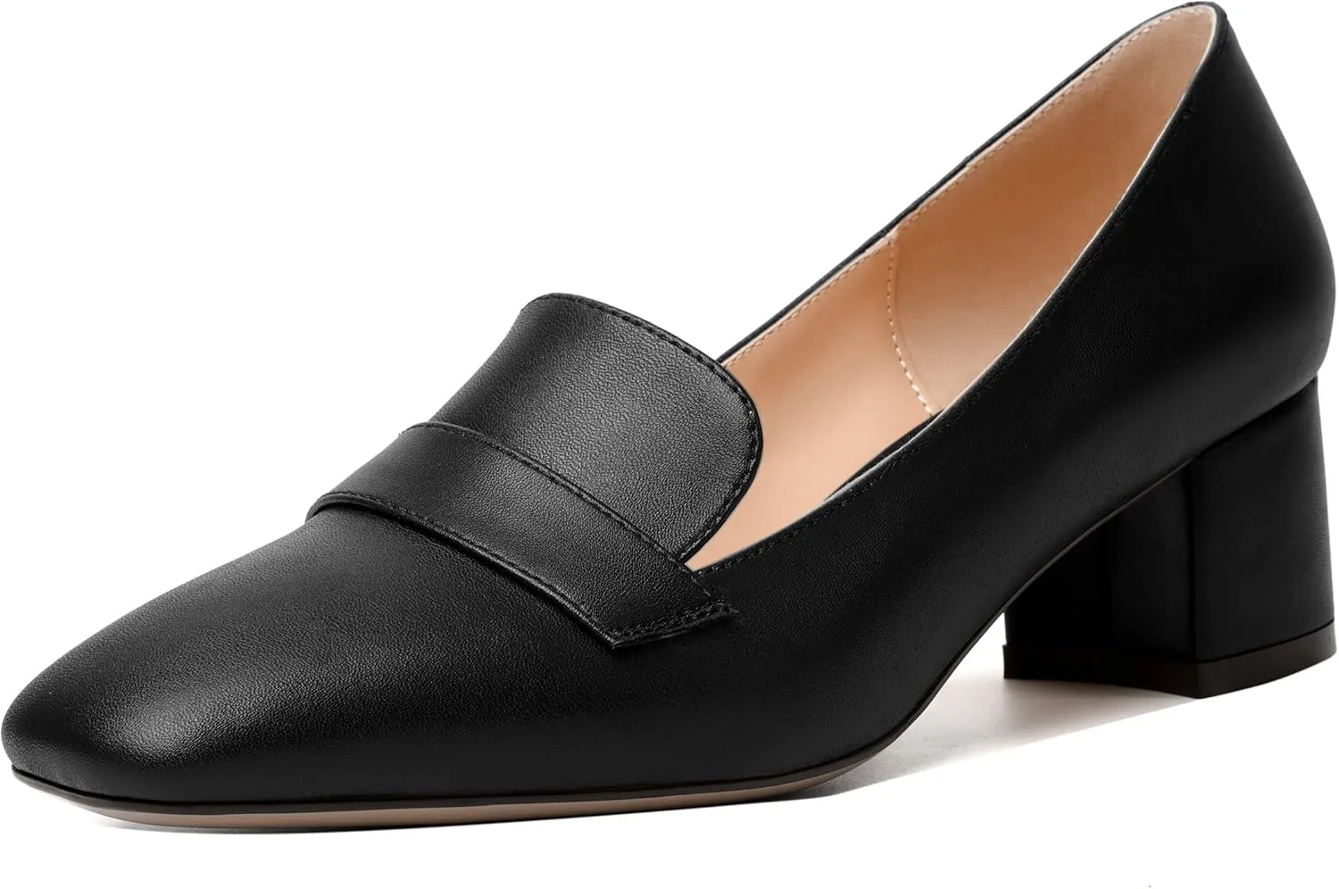 MODENCOCO Womens Square Toe Slip On Comfortable Casual Matte Work Chunky Low Heel Loafers Shoes 2 Inch