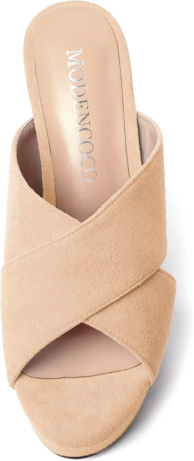 MODENCOCO Womens Suede Platform Slip On Open Toe Dressy Sexy Party Wedge High Heel Heeled Sandals 4 Inch