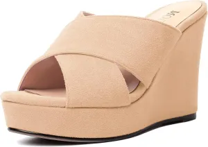 MODENCOCO Womens Suede Platform Slip On Open Toe Dressy Sexy Party Wedge High Heel Heeled Sandals 4 Inch