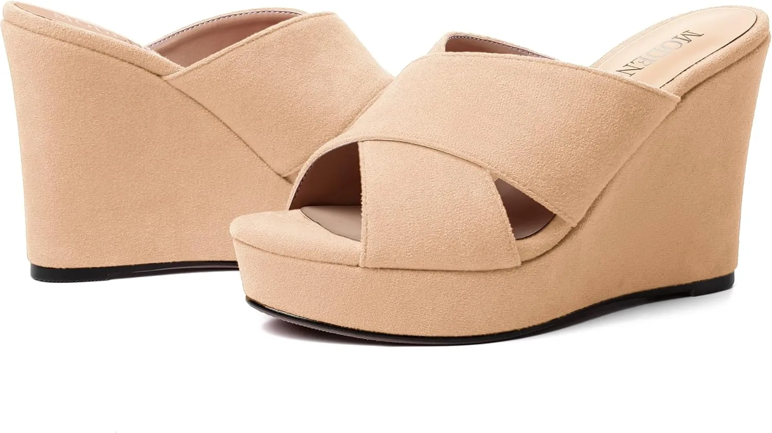 MODENCOCO Womens Suede Platform Slip On Open Toe Dressy Sexy Party Wedge High Heel Heeled Sandals 4 Inch