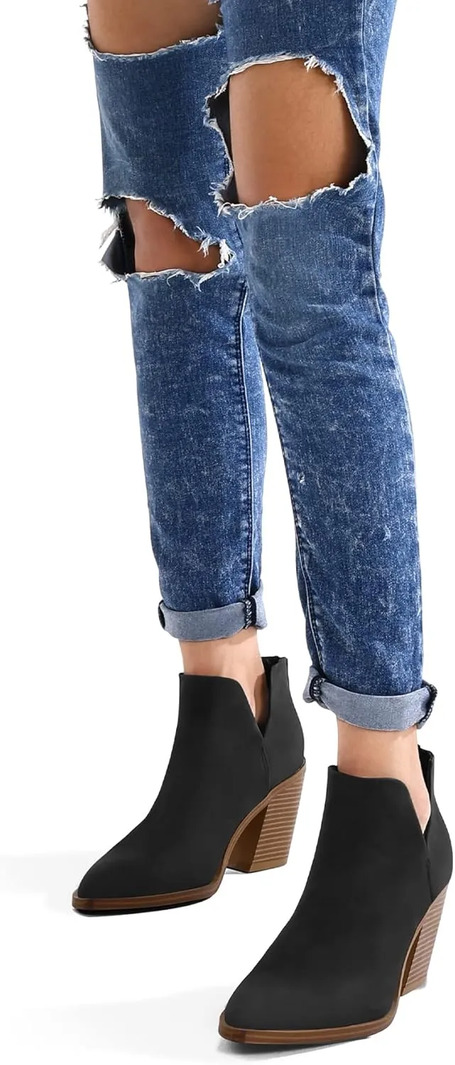 mysoft Women's Ankle Boots Slip on Cutout Pointed Toe Chunky Stacked Mid Heel Booties