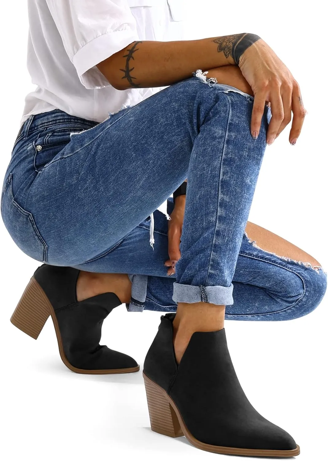 mysoft Women's Ankle Boots Slip on Cutout Pointed Toe Chunky Stacked Mid Heel Booties