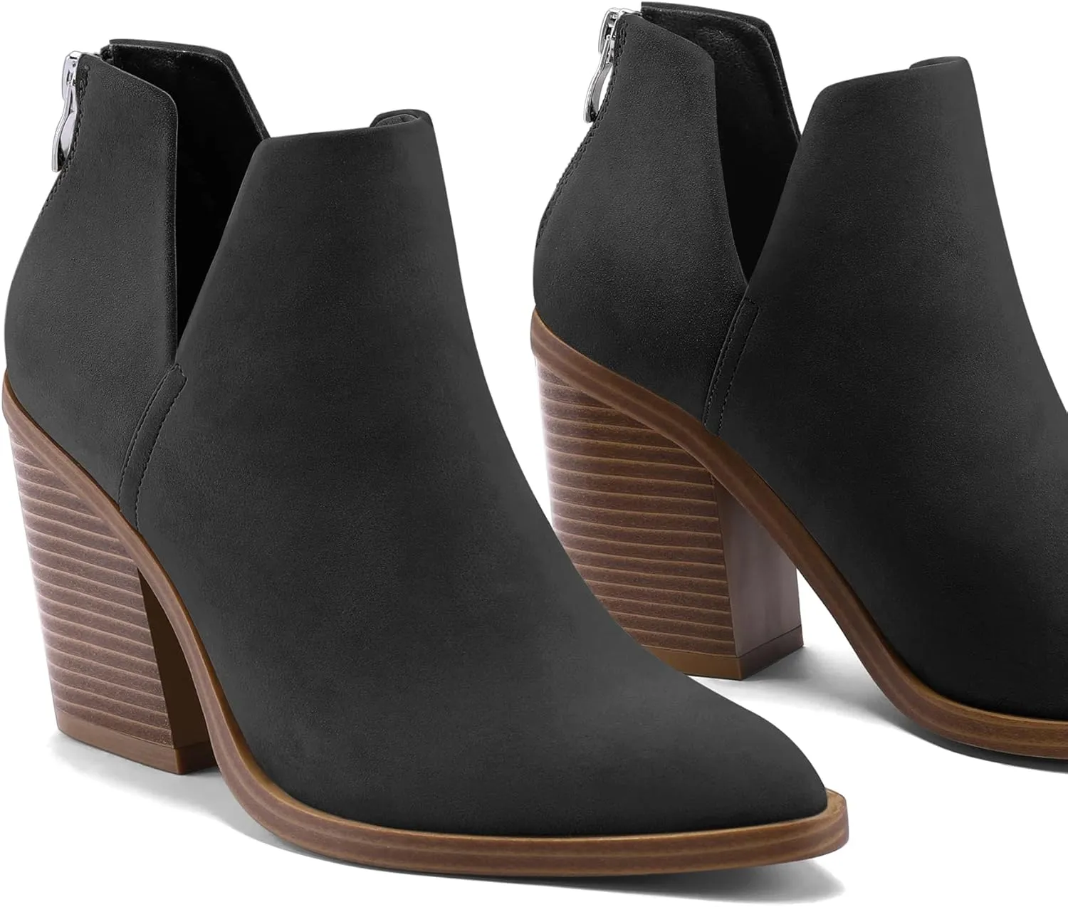 mysoft Women's Ankle Boots Slip on Cutout Pointed Toe Chunky Stacked Mid Heel Booties