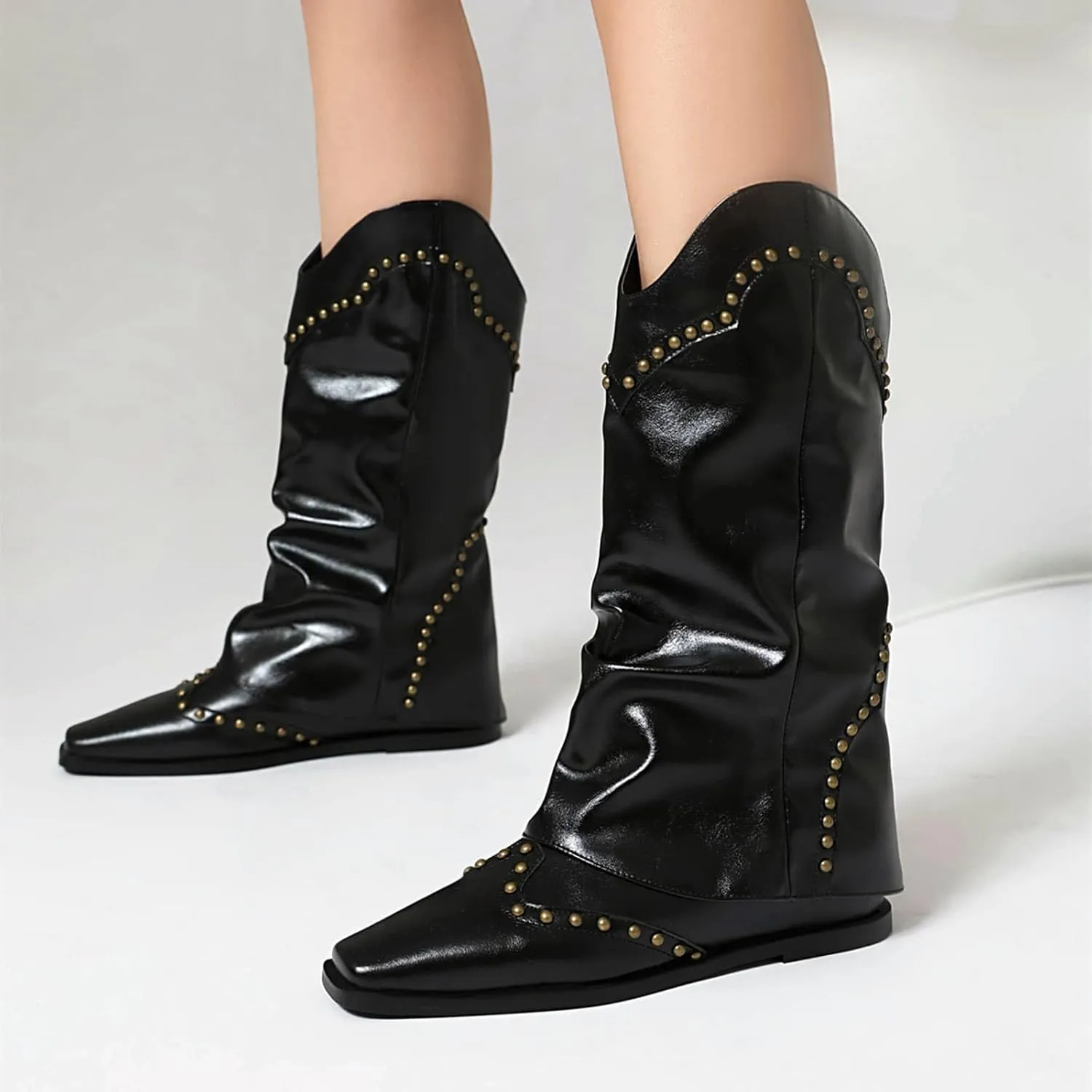NOWNIN Women's Leather Fold Over Boots Platform Wedge Heel Square Toe Knee High Boots