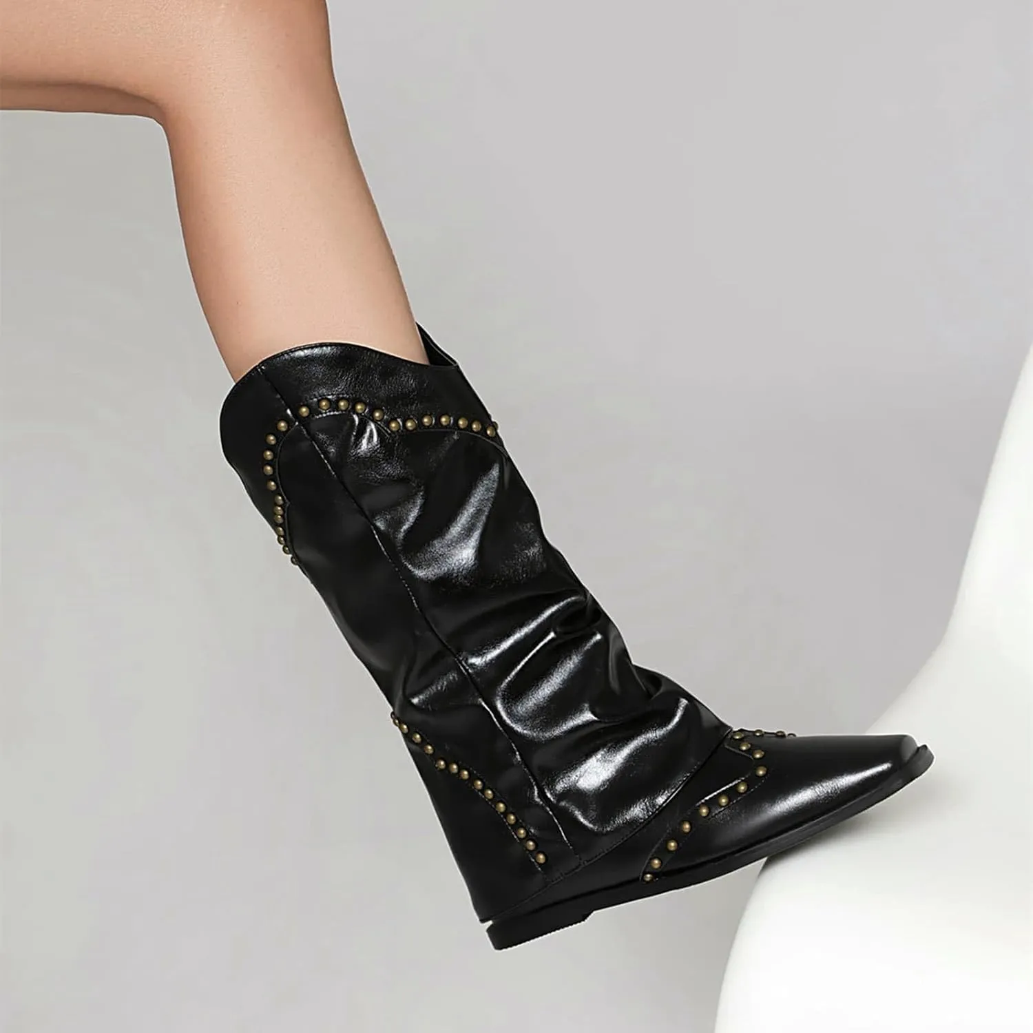 NOWNIN Women's Leather Fold Over Boots Platform Wedge Heel Square Toe Knee High Boots