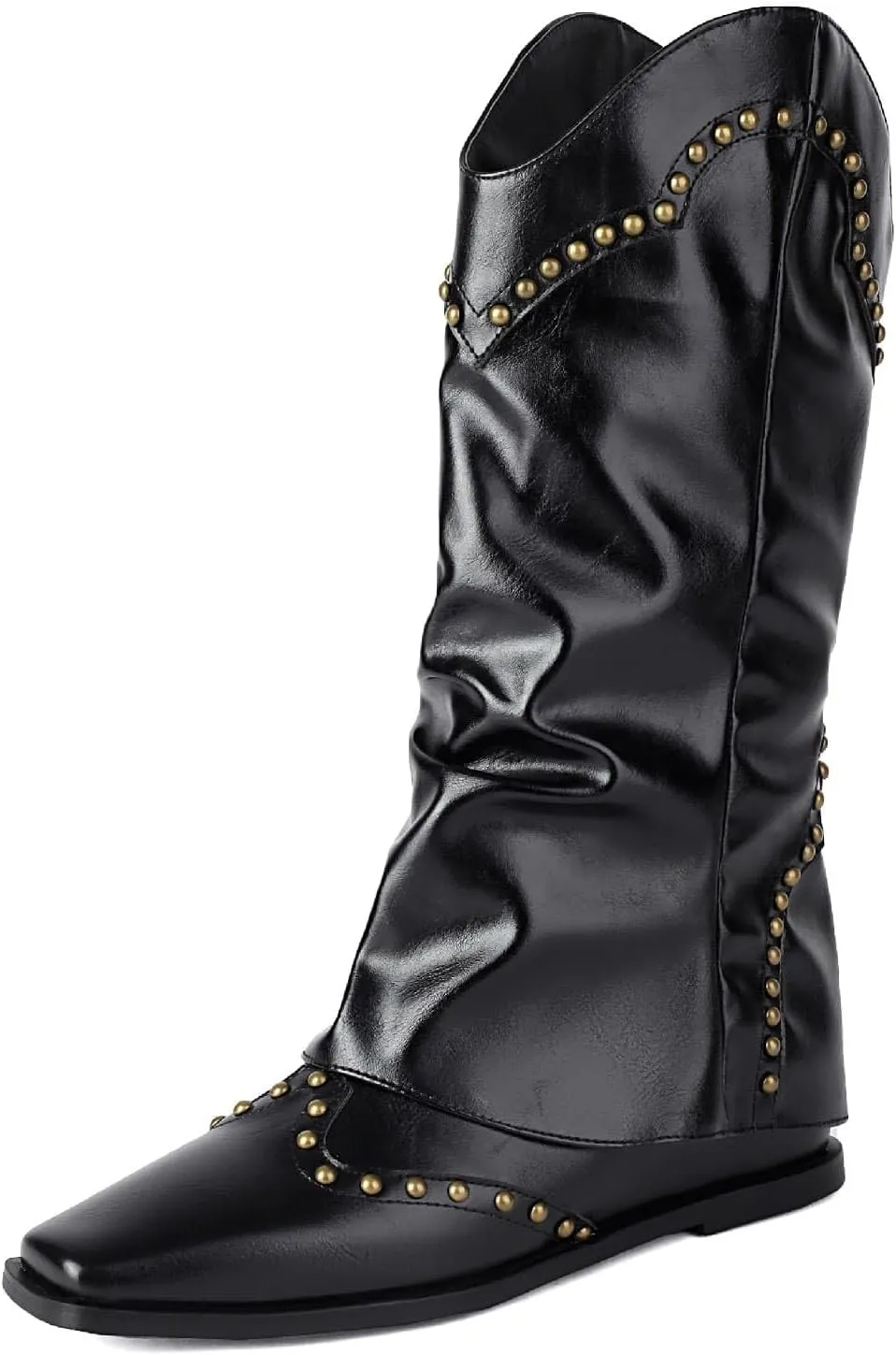 NOWNIN Women's Leather Fold Over Boots Platform Wedge Heel Square Toe Knee High Boots