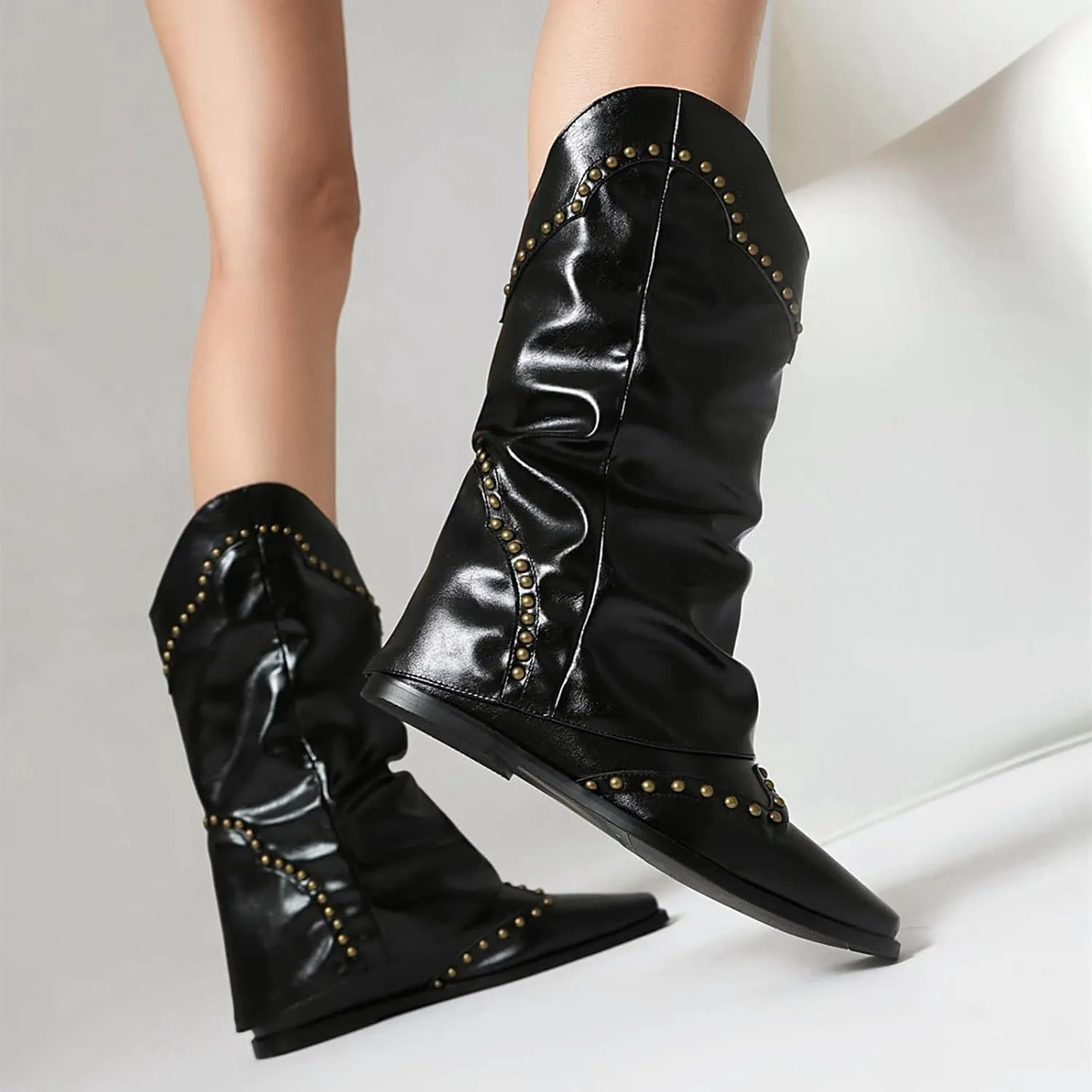 NOWNIN Women's Leather Fold Over Boots Platform Wedge Heel Square Toe Knee High Boots