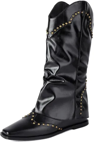 NOWNIN Women's Leather Fold Over Boots Platform Wedge Heel Square Toe Knee High Boots