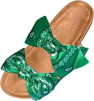 oiangi Bow Flat Sandals for Women Summer Trendy Casual Print Double Strap Open Toe Slip-on Slippers Lightweight Comfortable Beach Shoes Flip Flops