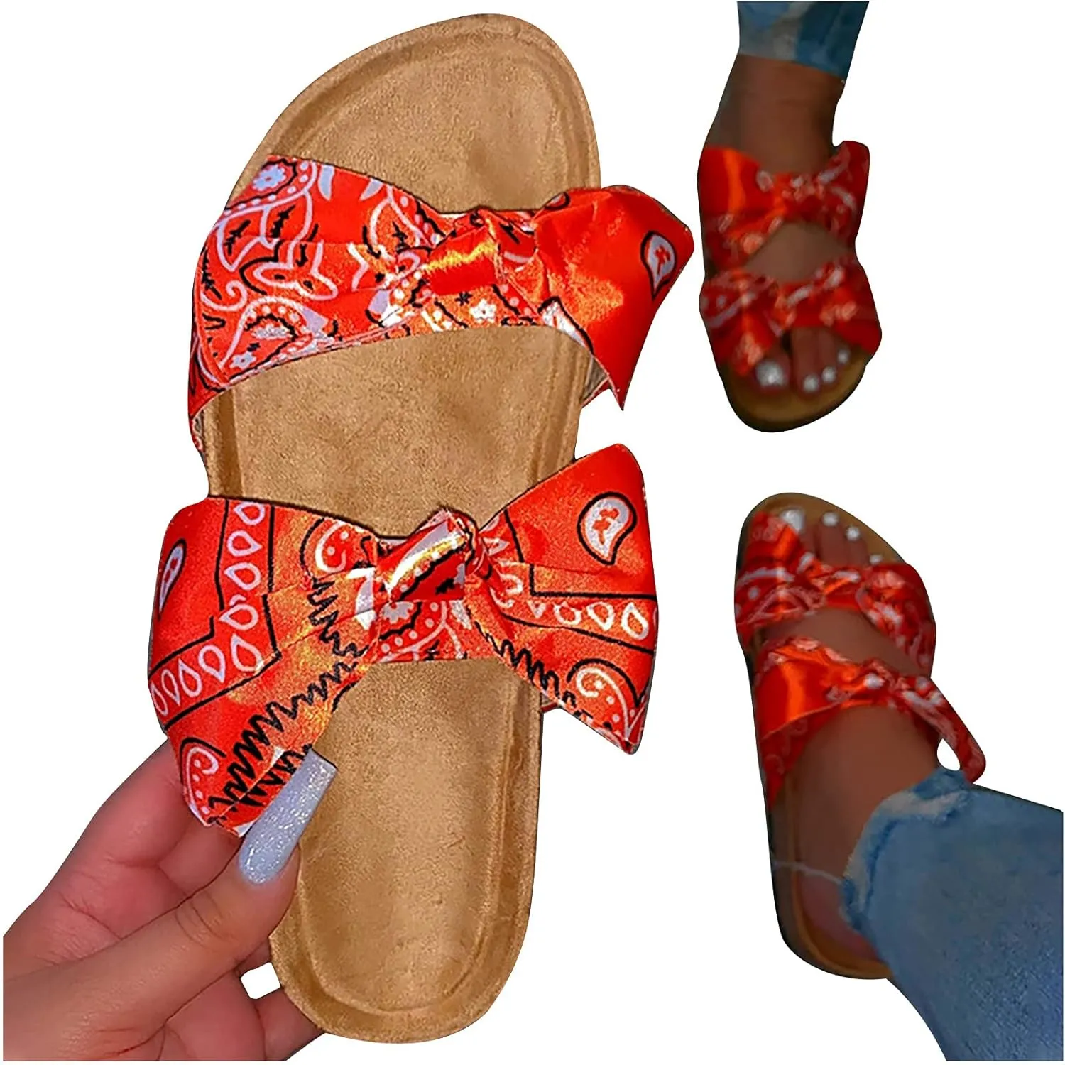 oiangi Bow Flat Sandals for Women Summer Trendy Casual Print Double Strap Open Toe Slip-on Slippers Lightweight Comfortable Beach Shoes Flip Flops