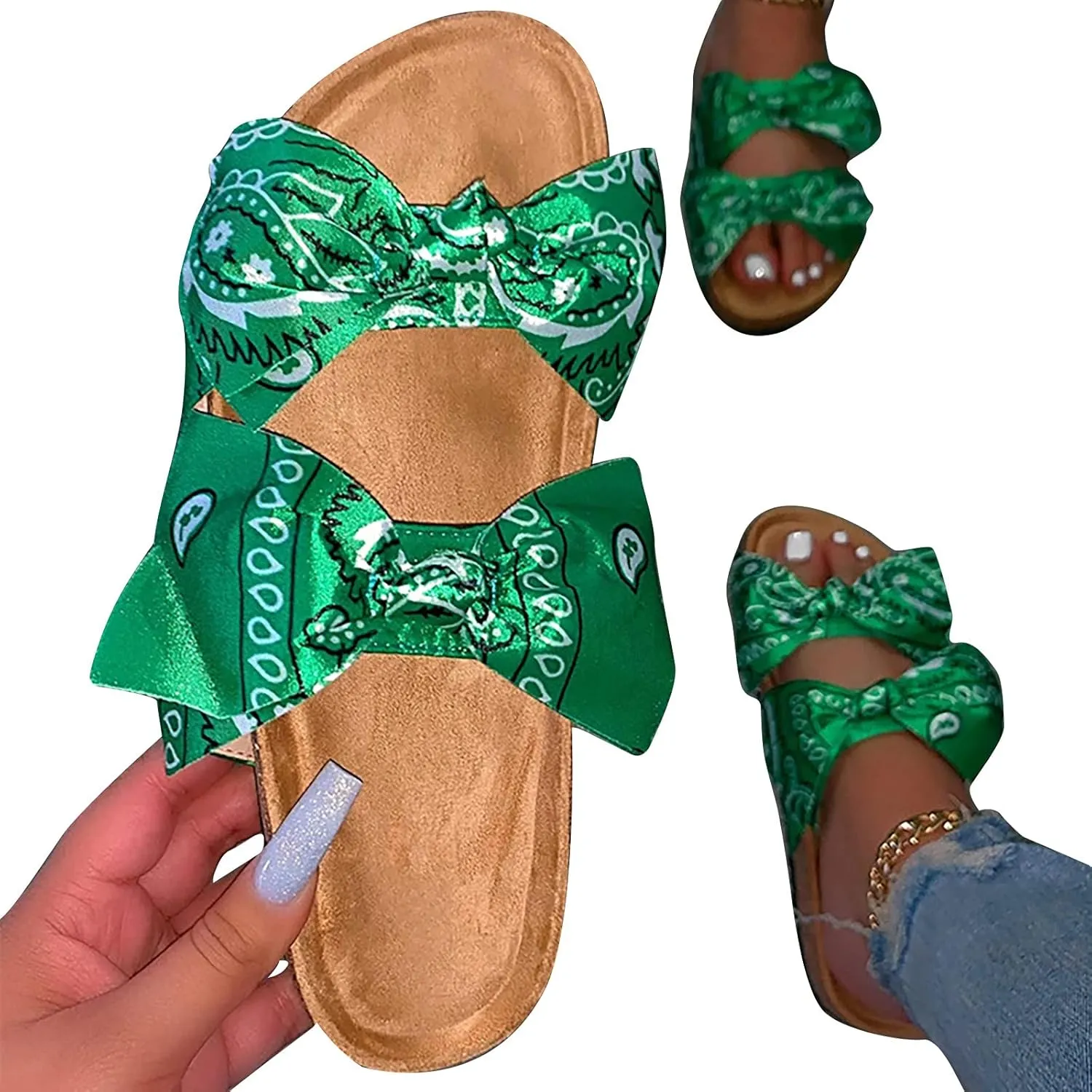 oiangi Bow Flat Sandals for Women Summer Trendy Casual Print Double Strap Open Toe Slip-on Slippers Lightweight Comfortable Beach Shoes Flip Flops