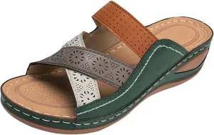 oiangi Comfortable Wedge Sandals for Women Casual Summer Colorblock Straps Hollow Open Toe Slip-on Slipper Soft Beach Outdoor Vacation Platform Shoes