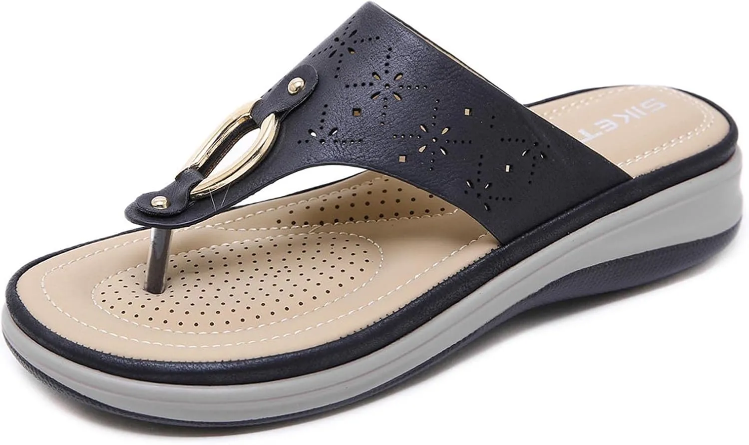 oiangi Flip Flop Sandals for Women Wedge Summer Casual Thong Straps Clip Toe Slipper Metal Decor Slip-on Slides Lightweight Comfy Hollow Ladies Shoes