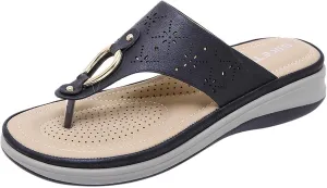 oiangi Flip Flop Sandals for Women Wedge Summer Casual Thong Straps Clip Toe Slipper Metal Decor Slip-on Slides Lightweight Comfy Hollow Ladies Shoes