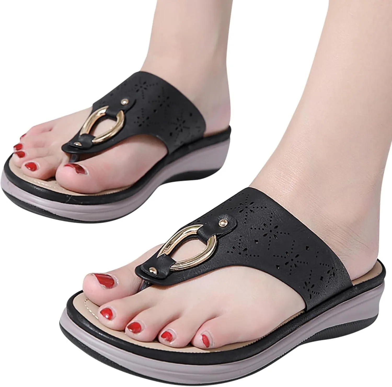 oiangi Flip Flop Sandals for Women Wedge Summer Casual Thong Straps Clip Toe Slipper Metal Decor Slip-on Slides Lightweight Comfy Hollow Ladies Shoes