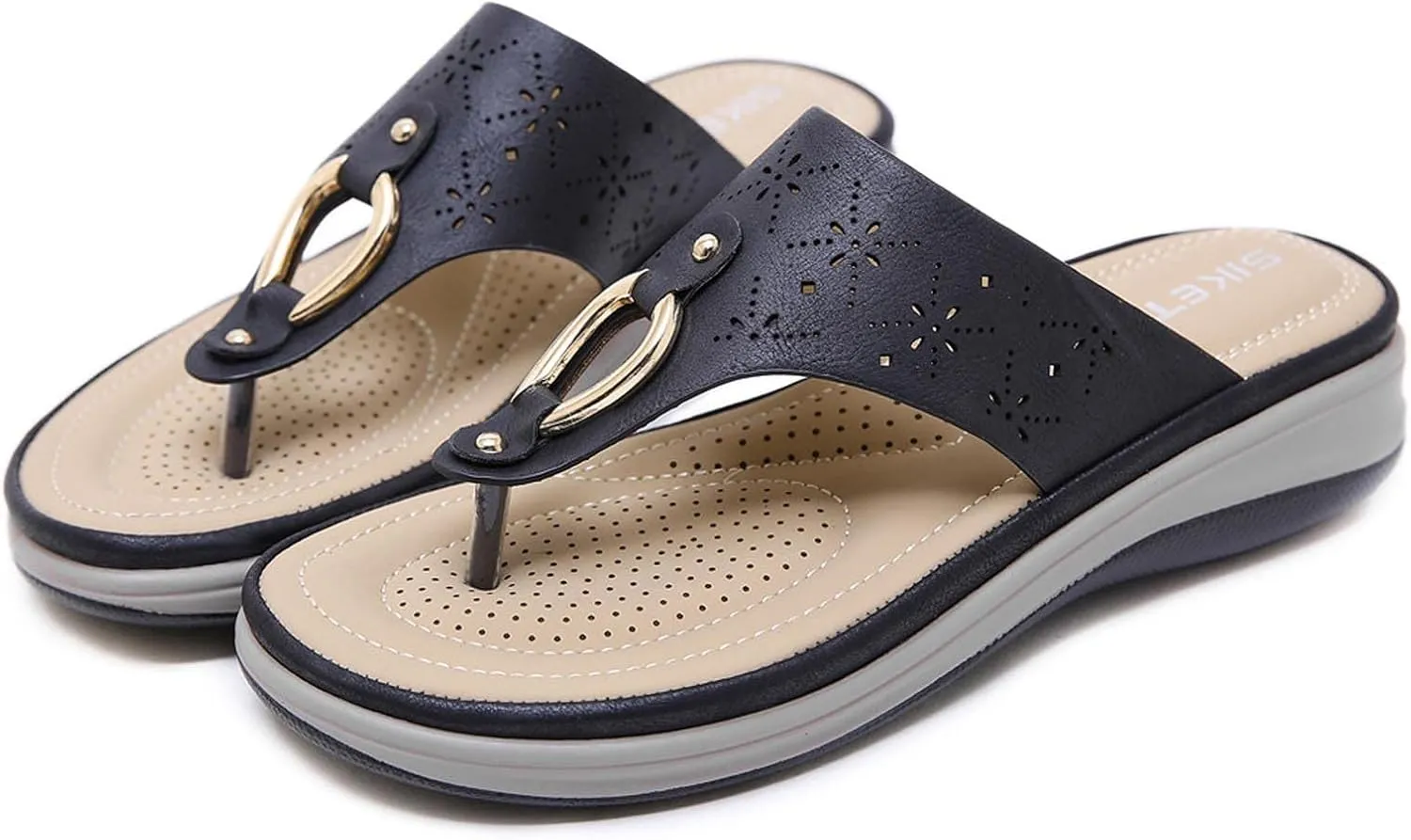 oiangi Flip Flop Sandals for Women Wedge Summer Casual Thong Straps Clip Toe Slipper Metal Decor Slip-on Slides Lightweight Comfy Hollow Ladies Shoes