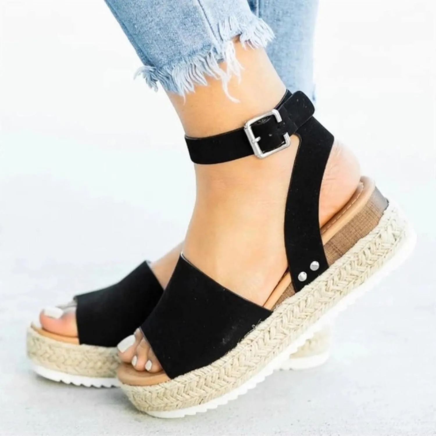 oiangi Sandals Women Espadrilles Wedge Sandal Summer Fashion Ankle Straps Buckle Flatform Shoes Dressy Comfy Open Toe Beach Shoes Business Casual Shoes