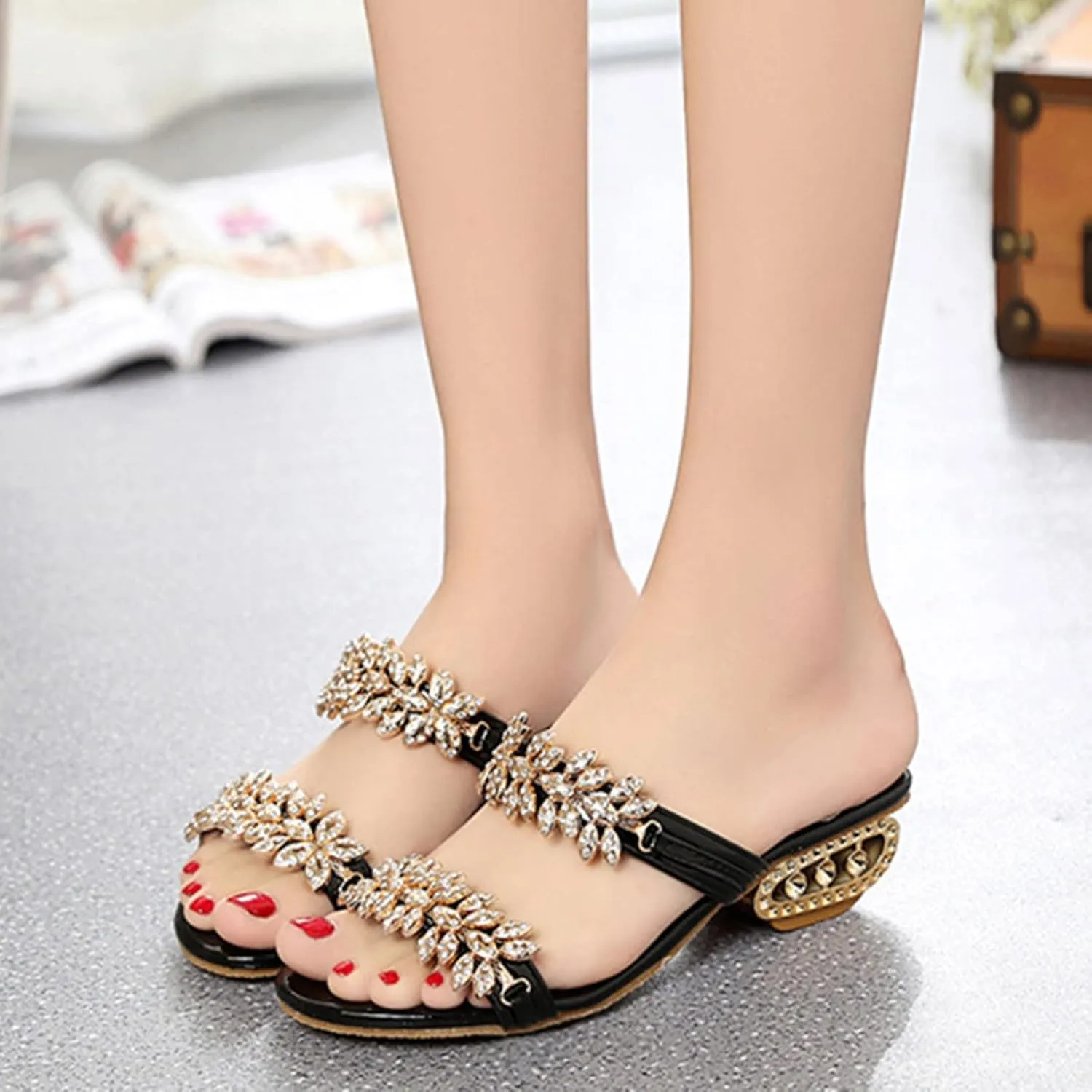 oiangi Sparkly Rhinestones Sandals for Women Chunky Heel Double Straps Sequined Open Toe Slip on Mid Heel Shoes Party Wedding Club Sandalias Slipper