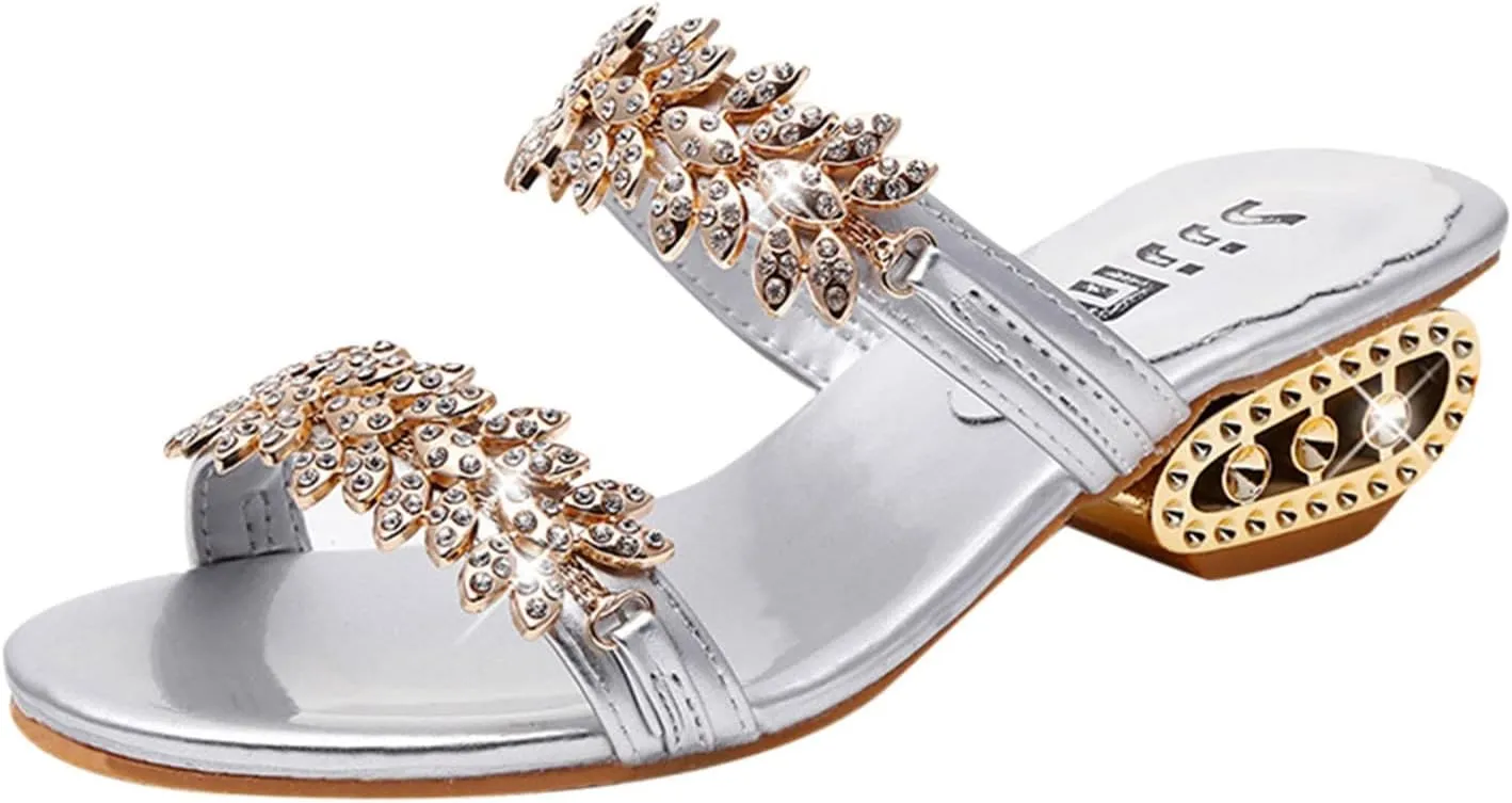 oiangi Sparkly Rhinestones Sandals for Women Chunky Heel Double Straps Sequined Open Toe Slip on Mid Heel Shoes Party Wedding Club Sandalias Slipper