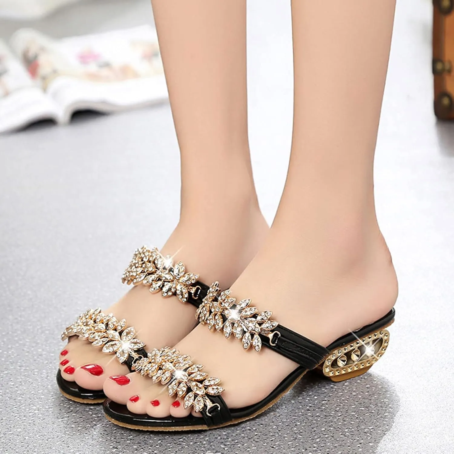 oiangi Sparkly Rhinestones Sandals for Women Chunky Heel Double Straps Sequined Open Toe Slip on Mid Heel Shoes Party Wedding Club Sandalias Slipper